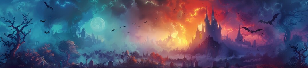 Wall Mural - Haunted Halloween landscape. Abstract colorful background wallpaper. Spooky castle or house at full moon at night. Bats in the sky over a dark forest. Happy Halloween!	