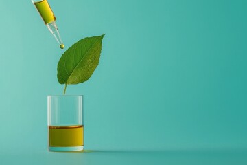 Aufkleber - A dropper over a test tube drops sample chemical into a herbal extract sample. Biological research concept.