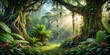 © Ole Studio - Lush jungle scene with ancient tree, vines, and tropical flowers on background , Tropical, Jungle, Tree, Vines, Flowers