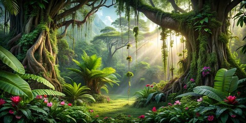 lush jungle scene with ancient tree, vines, and tropical flowers on background , tropical, jungle, t