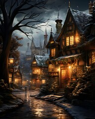 Wall Mural - Winter night in the old town. Illustration for your design.