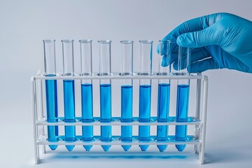 Aufkleber - The hand of a scientist holding a flask with laboratory glassware in a chemical lab with a background of science lab equipment, research and development concept in a science lab
