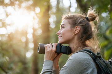 Serene Gen Z Woman Birdwatching in Forest, Engaging in Digital Detox with Binoculars - Disconnecting and Embracing Nature