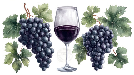 Poster - Watercolor Illustration of Red Wine and Grapes - Perfect for Wine Labels and Packaging