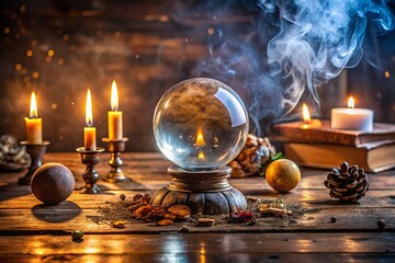 Photo image of an ancient, ornate crystal ball sitting on a worn wooden table amidst candles, incense, and mystical tomes