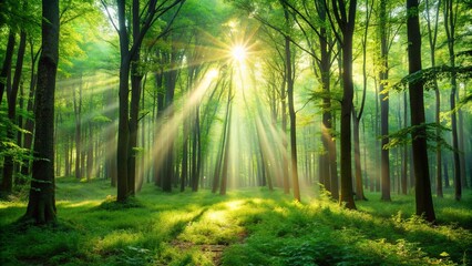 Poster - A peaceful background of a lush green forest with sunlight streaming through the trees , nature, trees, forest