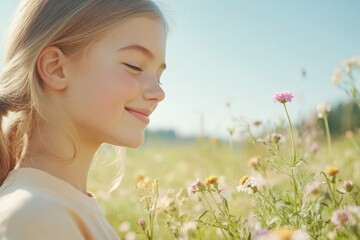 Wall Mural - Reconnecting with Nature: Gen Z Woman Picking Wildflowers in Meadow Away from Screens