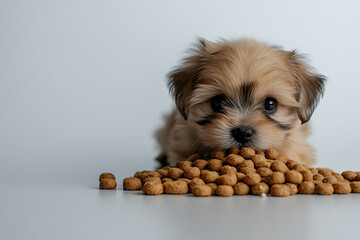 A small puppy next to dog food, ideal for advertising pet food products. The image is perfect for showcasing nutrition and care for pets.