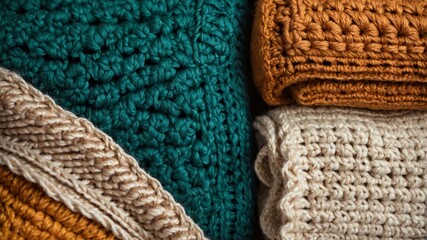 flat lay crochet blankets isolated in a cozy plain background