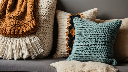 flat lay crochet rugs pillows in a cozy plain background