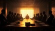 © Aquarii - A corporate meeting scene showcasing silhouettes of executives gathered around a table, illuminated by soft sunlight.
