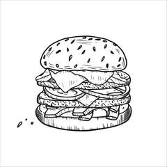 Fresh tasty burger. Vetor hand drawn illustration