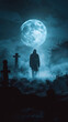 © Vovmar - Silhouette of a man in a long cloak in a cemetery at night in the light of the full moon. Halloween concept