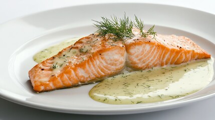 A plate of grilled salmon with a dill sauce.