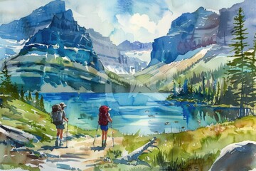 Wall Mural - Two people walking on a trail near a serene lake, perfect for outdoor or nature-themed projects