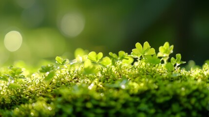  A tight shot of a mossy texture, adorned with tiny green flora sprouting from its peak