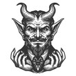 © Oleksandr Pokusai - devilish figure with horns, pointed ears, and a menacing expression sketch engraving generative ai fictional character raster illustration. Scratch board imitation. Black and white image.