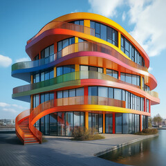 Colorfull building with balconies and blue bright sky, bright colors, ai generated image, 1:1 ratio