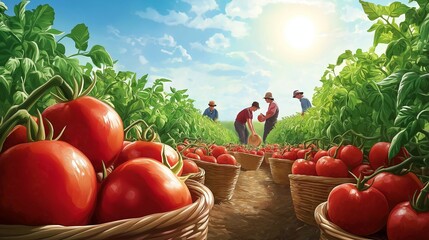 Canvas Print - A vibrant illustration of people harvesting ripe tomatoes in a garden, surrounded by baskets filled with tomatoes and lush green vines