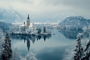 Wall Mural - A serene winter landscape featuring a snow-covered castle by a picturesque lake. The scenery captures the beauty of nature, tranquility, and peacefulness. Generative AI