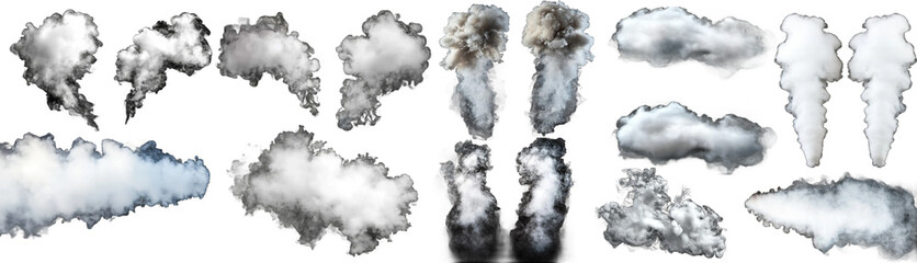 Poster - A collection of white smoke clouds in different shapes and forms, displayed against a solid black background. The image showcases various textures and densities of smoke