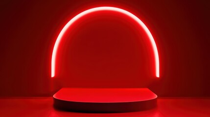 Canvas Print - A striking red backdrop featuring a glowing neon arch and a sleek platform, perfect for modern displays and creative showcases.