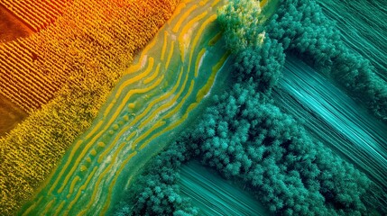 Aerial View of Vibrant Green and Gold Farmland