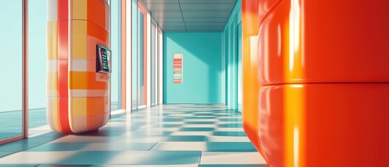 Wall Mural - A vibrant corridor showcasing modern design with colorful walls and sleek flooring, perfect for contemporary architecture.