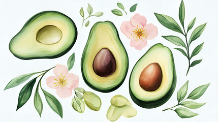 Canvas Print - Delicious Avocado Watercolor Illustration for Food Packaging and Recipes