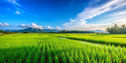 Sticker - Close up view of a lush green paddy field under a clear blue sky, paddy, field, agriculture, crops, farming, rice