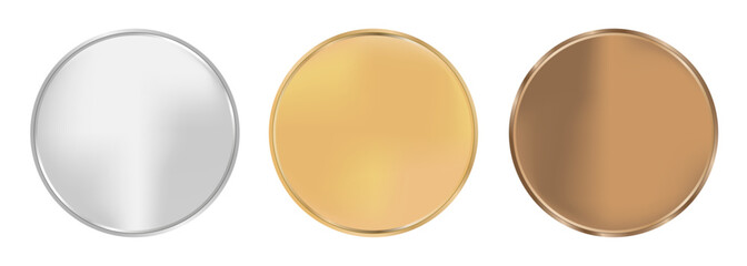 award golden, silver and bronze blank medals 3d vector realistic illustration. first, second and thi
