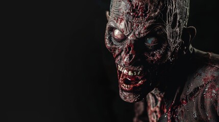 Scary zombie on black background. Undead, creepy monster. Halloween and horror concept.