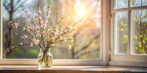 Poster - Blooming branches in a vase on a window ledge, with the soft light of early spring filtering through, spring, flowers, branches