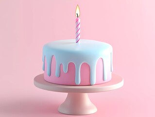 Wall Mural - 3D cartoon-style, minimalist design featuring a simple, cute birthday cake with blue and pink glaze on a stand