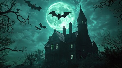 Bats soar across a full moon in a chilling night scene, with a haunted house in the background, its windows glowing ominously.