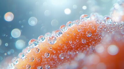 Wall Mural -  A tight shot of water beads on an orange against a backdrop of blue, green, and white Background includes a blue sky