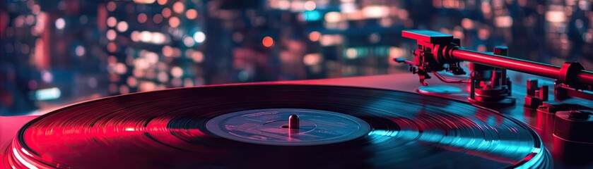 A close-up of a vinyl record on a turntable with a vibrant city skyline in the background, showcasing retro music culture.