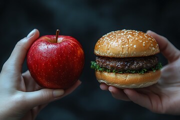 One hand holding apple fruit, other holding hamburger. Healthy natural organic fresh vegetarian food vs unhealthy processed fast junk food meat. Nutrition diet lifestyle, fitness eating choice