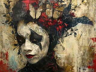 Wall Mural - Intense Portrait of a Woman with Floral and Bird Motifs