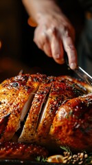 Close-up of a deliciously roasted turkey being sliced, perfect for holiday dinners and festive meal inspirations.