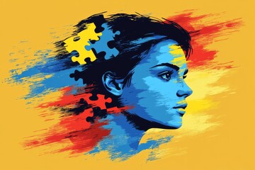 Wall Mural - stylized female portrait blending vibrant bold colors and fragmented shapes symbolizing the intersec