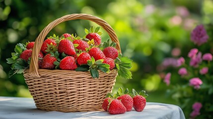 Canvas Print - A basket overflowing with fresh strawberries sits on a white tablecloth in a sunny garden, with a light and airy background