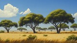 A scenic view of an African savanna with tall grass and acacia trees under a clear blue sky with fluffy white clouds.