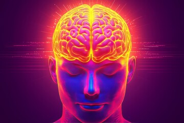 Wall Mural - Vibrant digital rendering of a glowing human brain in neon colors representing the fusion of technology intelligence and the energetic flow of thoughts in a modern sci fi inspired design