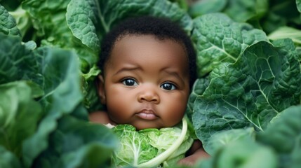 Newborn black baby lying in fresh green cabbage. Cute funny child. Top view Happy childhood