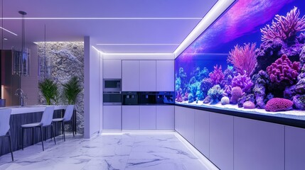 Sticker - A large aquarium with beautiful corals and fish in the kitchen of an apartment.