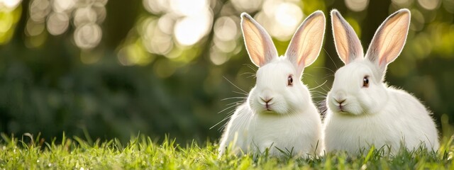  Two white rabbits seated on a lush green field, surrounded by trees in the background