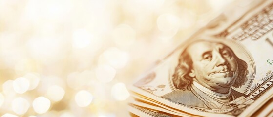  A hundred dollar bills stack before a hazy depiction of a hundred dollar note's backside