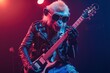 © Nico - Rockstar Monkey: A monkey in a leather jacket, ripped jeans, and sunglasses, holding an electric guitar on a stage