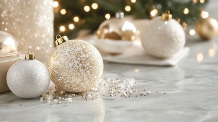 Delicate ornaments and holiday gifts are arranged on a marble surface, enhanced by gentle twinkling lights for a joyful Christmas setting